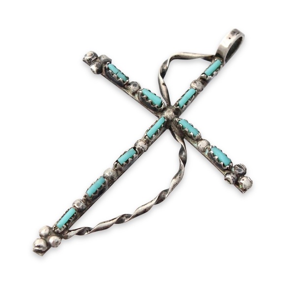 Vintage Turquoise Sterling Silver Cross Pendant Petit Point Zuni Native American - Picture 2 of 4